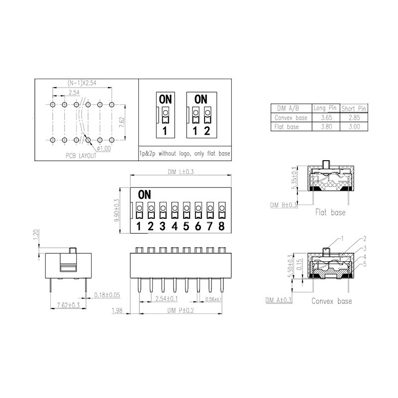 DIP Slide Type Push Button Switch Through Hole Pitch 2.54mm Red/Bule Micro Switch DIP Switch